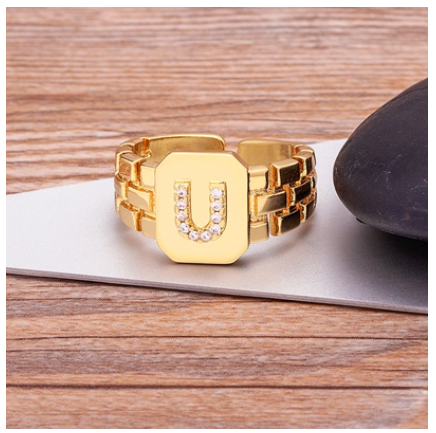 New Arrival Fashion Gold Color Initial Ring Open Design Adjustable Hot Sale A-Z Letters Zircon Rings For Women U