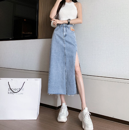 High Waist Side Split Denim Skirt Women's Show Thin A-line Bag Hip Long Skirt
