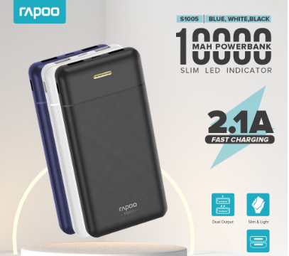 Rapoo S1005 10000MAH Power Bank Li Polymer Dual Output Fast Charge Slim Portable Power Bank Original