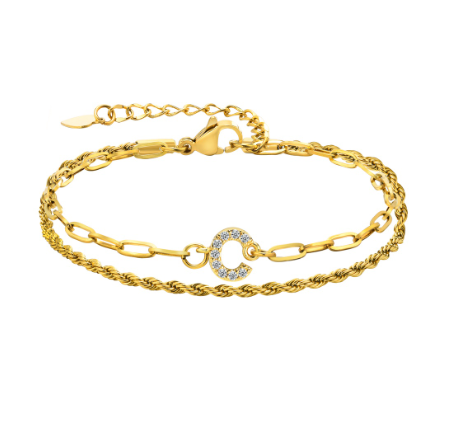 Vnox Letter Double Layer Braelet,18K Gold Fried Twistsed Paper Clip Zirconia Initial Stainless Steel Chain Link for Women C