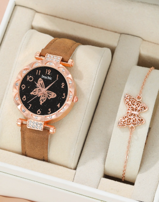 Original Waterproof Butterfly Black Leather Strap watch for Women with Bracelet