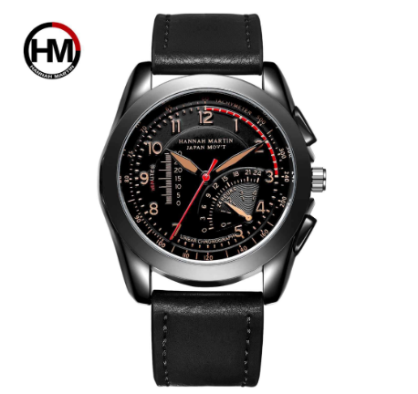 Hannah Martin Men's Sports Watch Luminous Leather Belt Quartz Watches 43mm Dial Waterproof Wristwatch BLACK BROWN