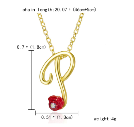 Fashion 26 Letter Necklace Ladies Red Rose Flower Clavicle Pendant Necklace Rhinestone Retro English Letter Necklace P