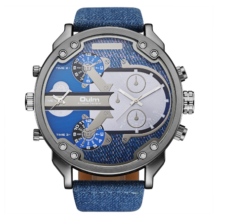 Oulm Watch Double Movement Men Quartz Sports Leather Strap Watch DENIM BLUE
