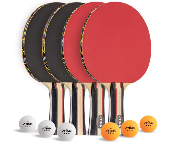 STIGA Performance 4 Player Ping Pong Paddle Set of 4 – Table Tennis Rackets, 6 – 3 Star Orange and White Balls