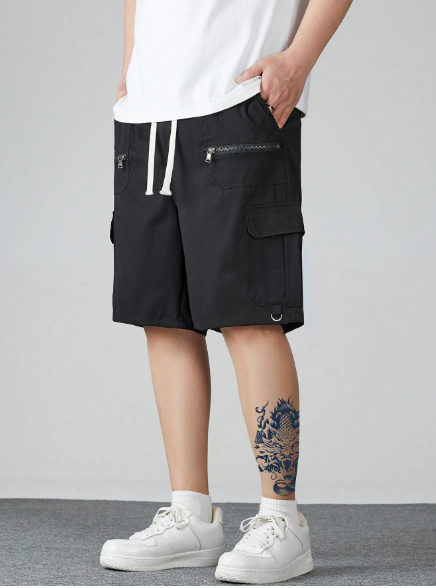 Men's Solid Color Drawstring Waist Multi-Pocket Work Shorts