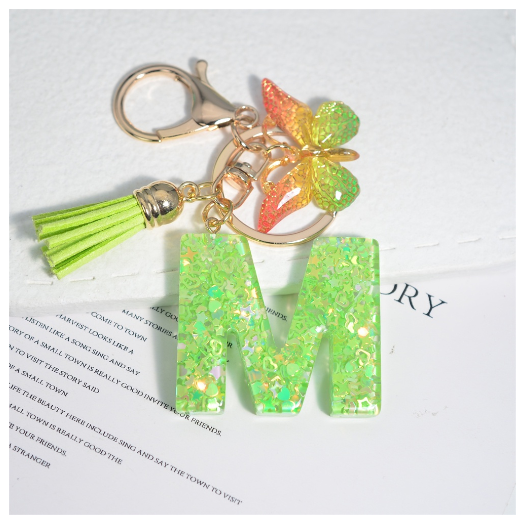 Glitter Green 26 Letter Resin Keychain Fashion Sequin Filled A-Z Alphabet Keyrings For Women Car Key Holder Accessories Souvenir M