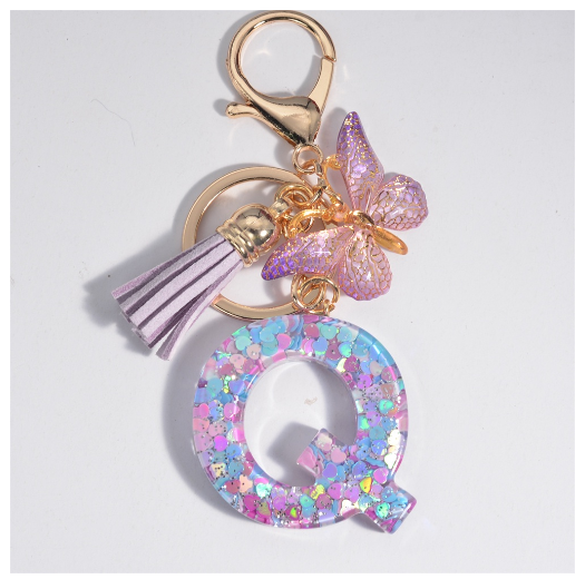 Sweet Heart Sequin Filled A-Z Letter Keychains With Tassel Fashion Butterfly 26 Alphabet Keyring Car Keyholder Birthday Gifts Q
