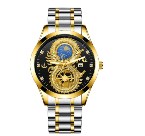 Original Luxury Gold Stainless Steel Waterproof Men's Watch Calendar Golden Dragon Phoenix Couple Sports Watch M1