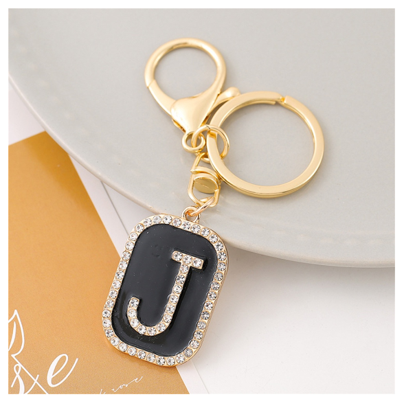 Exquisite Rhinestone 26 Letter Keychain Simple Black Enamel Initials Keyrings For Women Bag Pendant Ornament Car Keyholder Gifts J