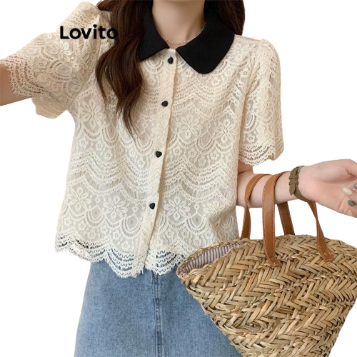 Lovito Women Casual Plain Fabric Stitching Lace Blouse LNE37353 (Apricot)