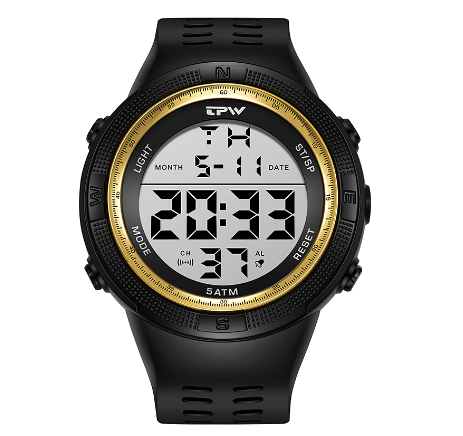 TPW Digital Watch For Male Oversized 53mm Dial 5ATM Waterproof Watches Swimming Calendar Wristwatch GOLD