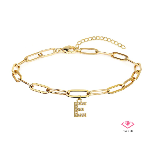 Hwetr Fashion 26 A-Z Initial Bracelet For Women Classic Zircon Letter Pendant Paper Clip Chain Bracelet Jewelry Accessories Gift E