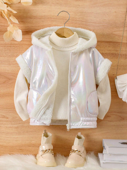 Streecool Kids Young Girl And Young Girl Casual Metallic Fabric Short Sleeve Lined Faux Fur Hooded Jacket, Warm And Fashionable, Versatile, Good Value, Suitable For Pairing With Sweaters And Pants, Su