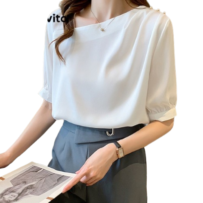 Lovito Women Button Asymmetrical Blouse LNA29143 (White/Pink)