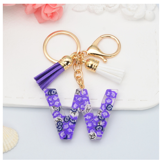 New 26 Letters Constellation Symbol Slice Resin Keychain Charms Women Handbag Ornaments With Tassel Key Ring Accessories Gift W