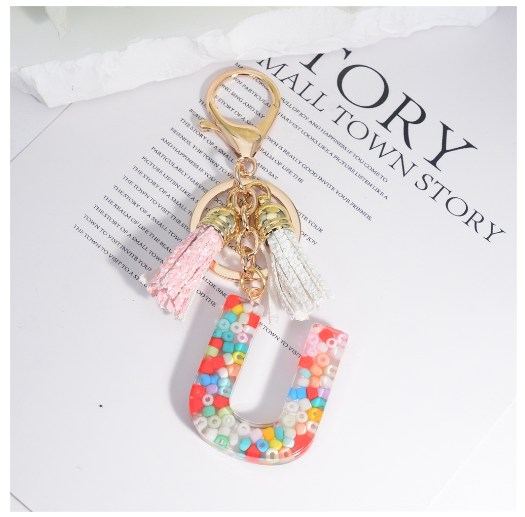 Colorful Beades Filled A-Z 26 Letter Keychains For Women Fashion Initials Keyring With Tassel Bag Pendant Accessories Souvenir U