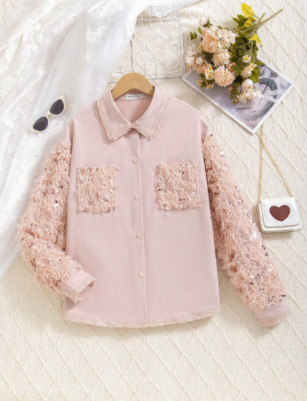 Teenage Girls Casual Furry Sleeve Patchwork Sequin Decor Fringed Autumn Jacket