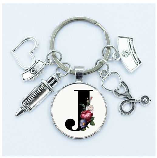 1Pcs Creative Stethoscope Syringe 26 Letter Keychains Nurse Cap Initials Metal Keyrings Bag Ornaments Charms Gifts Souvenir J