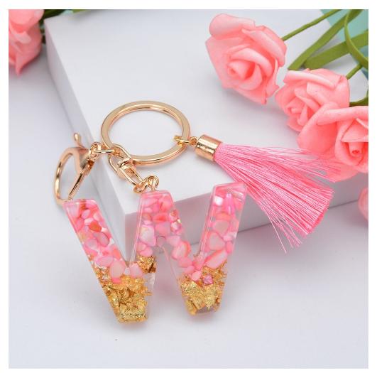 Pink Tassel Gold Foil 26 Letter Pendent Keychain for Women Resin Keyrings Girls Bag Ornamant Accessories Gifts W