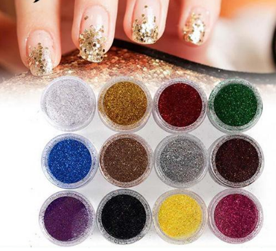 12 Pcs Mixed Color Glitter Dust Powder Set for Nail Art Acrylic Tips Decoration