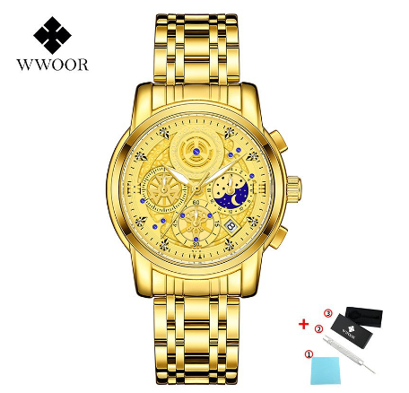 Wwoor Watch Stainless Steel Luxury Waterproof Sports Quartz Wristwatch For Men's Watch ALL GOLD