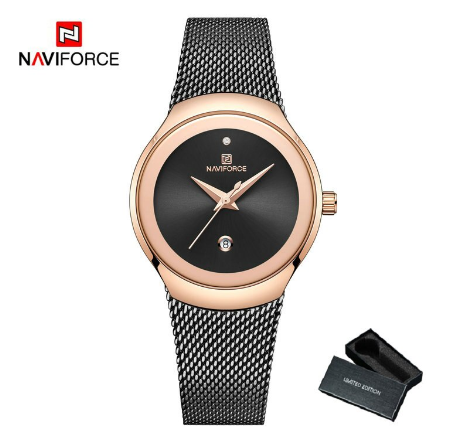 Naviforce Women Fashion Dress Quartz Stainless Steel Waterproof Simple Wristwatch BLACK