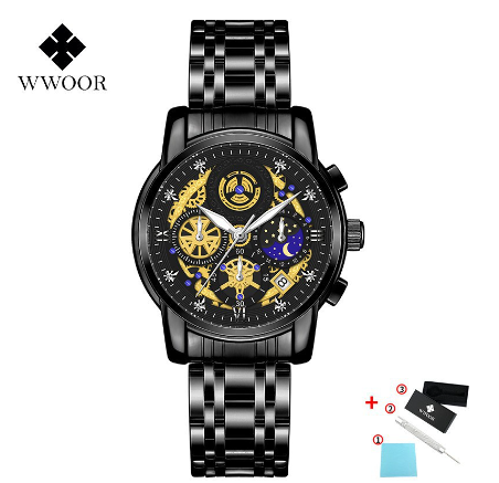 Wwoor Watch Stainless Steel Luxury Waterproof Sports Quartz Wristwatch For Men's Watch ALL BLACK