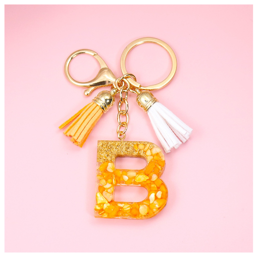Tassel Gold Foil A-Z 26 Letter Pendent Keychain for Women Orange Resin Keyrings Girls Bag Ornamant Accessories Charms Gifts B