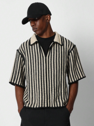 SUMWON Knit Crochet Stripe Polo Top
