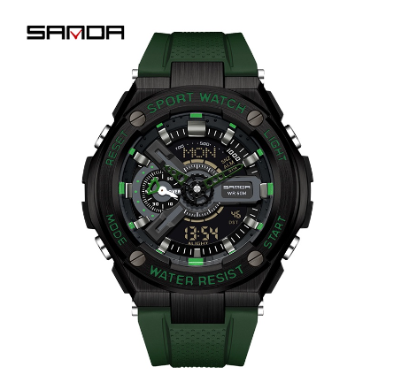 Sanda Popular Dual Display Quartz Electronic Fashion Luxury Anti Drop Sports Military Watch BLACK GREEN