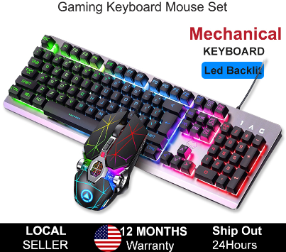 HGV Wired Gaming Keyboard and Mouse Combo LED Rainbow Backlit 3200 DPI for Windows PC Gamers