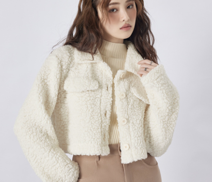 Casual Plain Button Front Flap Teddy Women Jacket (Off White)