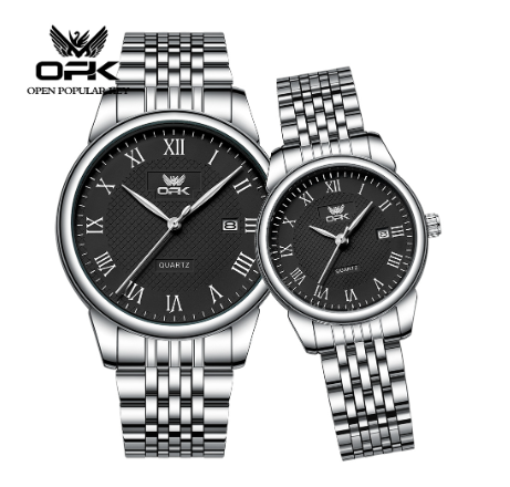 OPK Couple Watch Waterproof Original Watch BLACK DIAL SILVER CASE STRAP