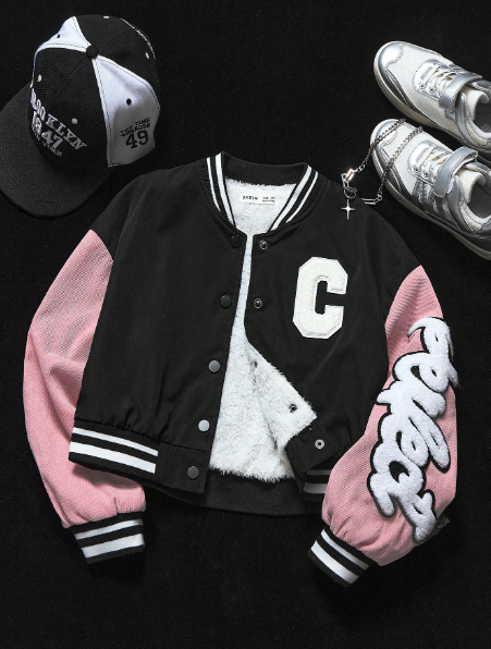 SHEIN Coolane Tween Girls Fall/Winter Athleisure Back To School Keep Warm With Fleece Preppy Sportswear Varsity Graphics Jacket Football