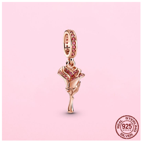 925 Sterling Silver Flamingo Leaf Rose Flower Charm CZ Luxury Pandora Pendant Fit Pandora Bracelet Necklace For Women DIY Making S33
