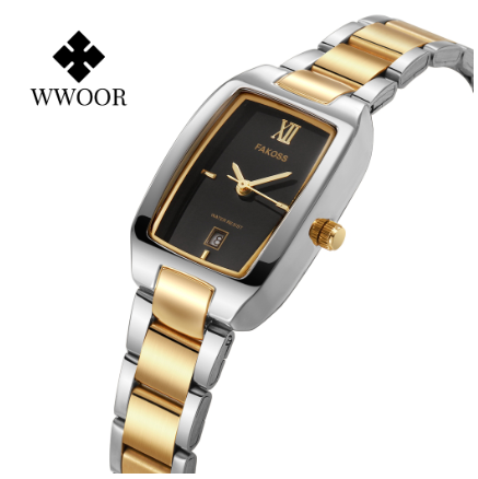 WWOOR Women Casual Stainless Steel Golden Luxury Quartz Wristwatch BLACK DIAL TWO TONE