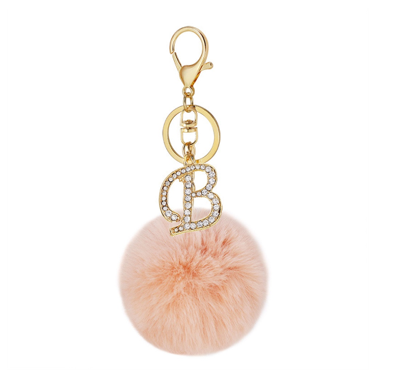New 26 Letter Rhinestone Alloy Keychain Charm Girls Pink Pompom Key Ring Car Key Holder Women Bag Ornaments Accessories B