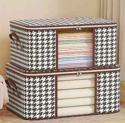 1pc 50/75L Houndstooth Blanket Storage Bags With Zipper, Foldable Comforter Storage Bag, Large Organizers For Blankets, Pillow, Quilts, Linen, Dustproof Storage Containers