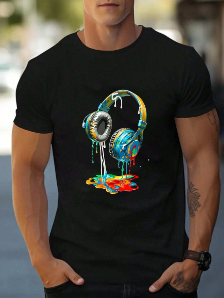 Manfinity Dauomo Men's Plus Size Summer Casual T-Shirt With Earphone Print, Round Neck Short Sleeve Top