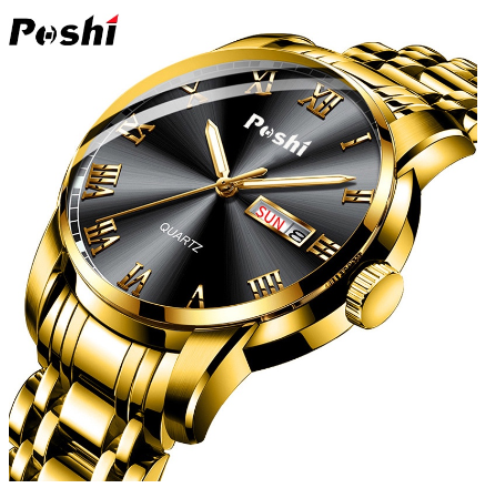 POSHI Original Men Wristwatch Automatic Week Calendar Waterproof Luxury Quartz Watch GOLD BLACK