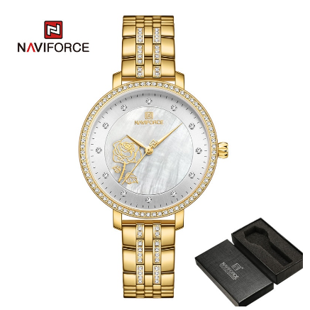 Naviforce Ladies Women Girl Luxury Brand Rose Gold Watches Creative Diamonds 3D Dial Elegant Bracelet Wristwatches GOLD