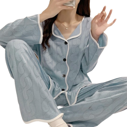 Lovito Women Contrast Binding Button Pajama Set LNA34128 (Blue)