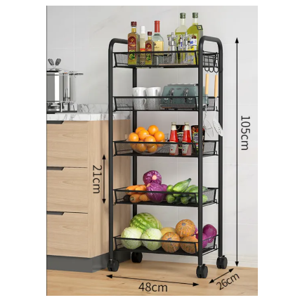 5 Tier Rolling Utility Cart Mesh Mobile Storage Cart with 4 Hook Wire Basket Shelving Trolley