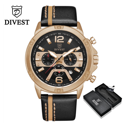 DIVEST Watch Men Fashion Quartz Leather Chrono Business Luminous Creative Original Waterproof Men's Watches 9035 ROSEGOLD BLACK