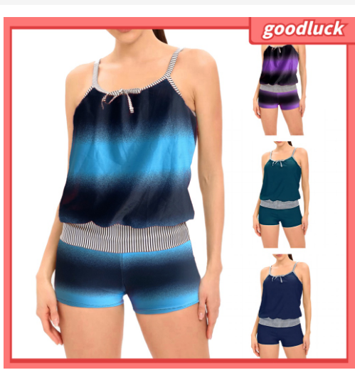 1 Set Women's Swimsuit Suit Stripes with Chest Pad No Underwire Round Necks Breathable Beachwear Polyester Splicing Color Women