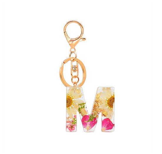 A-Z 26 Letter Pendant Keychains Resin Dried Flower Alphabet Keyring Charm Women Cute Bag Ornamant Accessories Gifts M