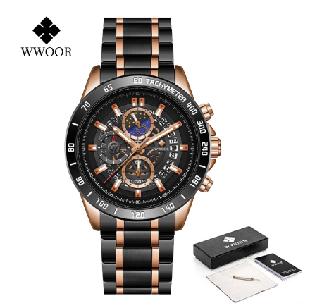 Wwoor Top Luminous Luxury Brand Mens Watches Stainless Steel Waterproof Sport Quartz Chronograph Wrist Watches BLACK DIAL TWO TONE