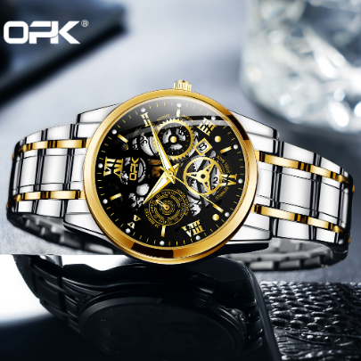 OPK Watch For Men Waterproof Original Stainless Steel Quartz Gold Black Business Casual Relo 8135