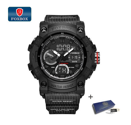 FOXBOX New Relo Digital Watch Men 2.16inch Big Dial Dual Display Outdoors Waterproof Sport Luminous Silicone BLACK